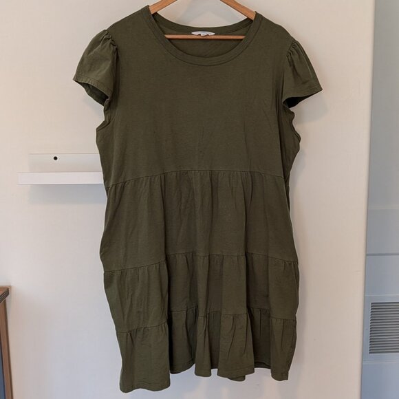 Time & Tru 100% Cotton Tiered Knit Dress Women's XL 16-18 Olive Green w Pockets - Picture 2 of 6